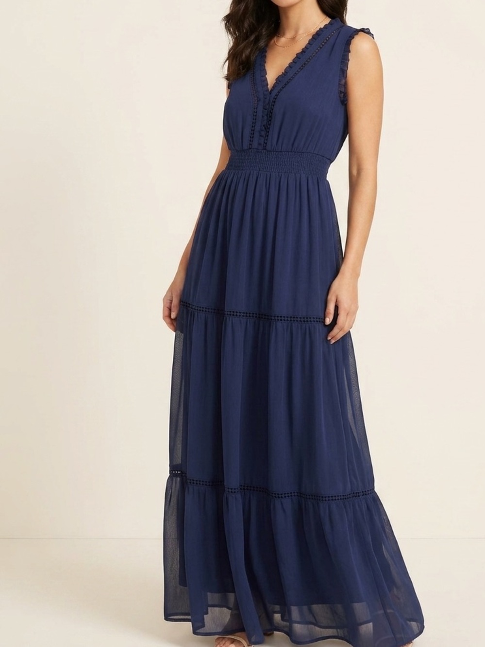 Cristina B. Navy Blue Tiered Ruffle Maxi Dress - Size Small